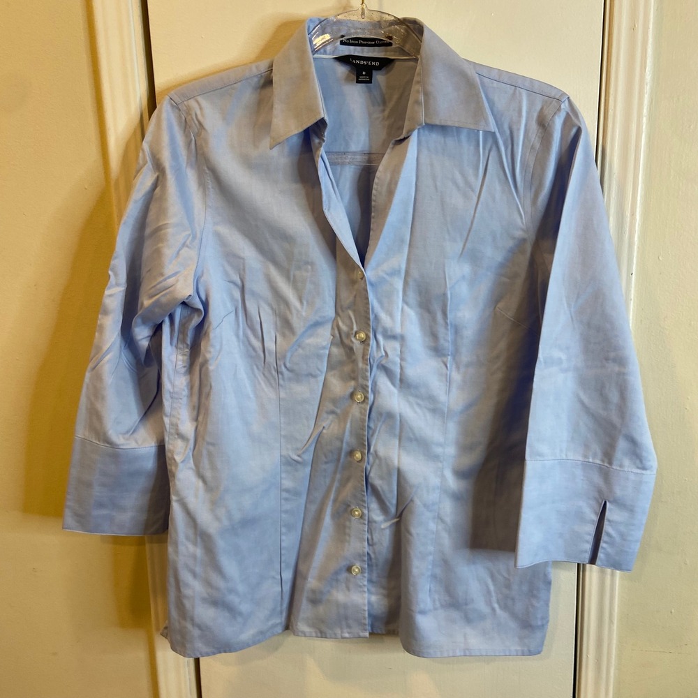 Lands End Womens Blue No Iron Pinpoint Oxford 3/4 Sleeve Button Down Shirt 8